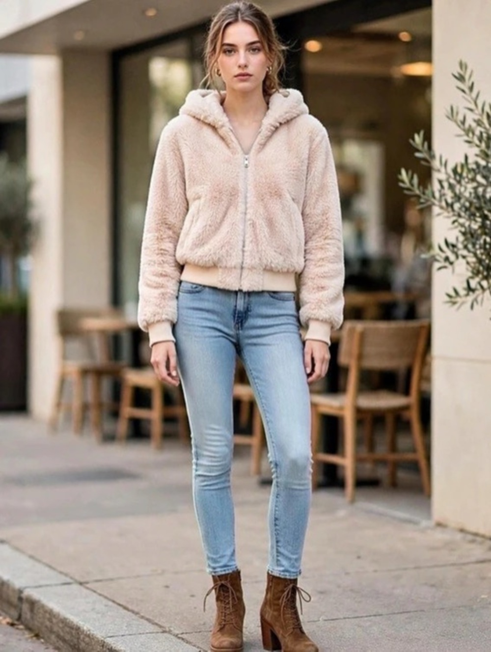 Topshop Faux Fur Zip Through Hooded Jacket tan XS/S